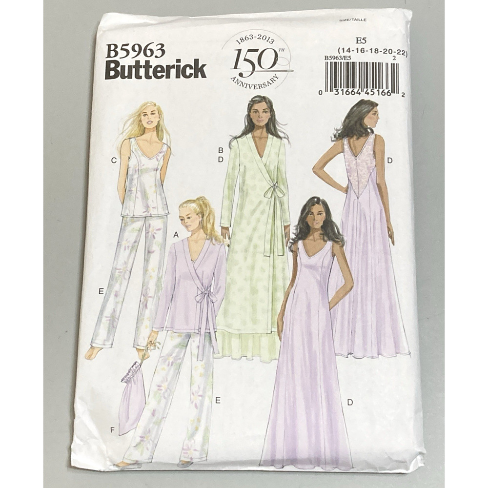 Butterick Sewing Pattern B5963 Misses Robe, Top, Gown, Pants, Bag Sz 14-22 UNCUT
